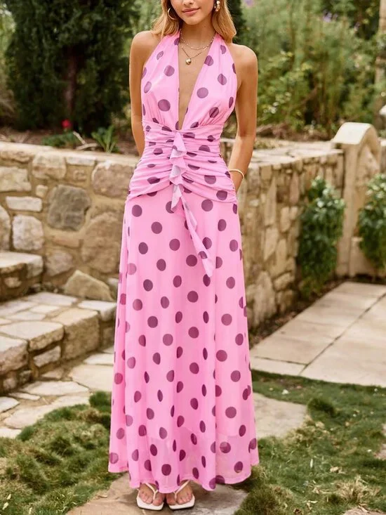 Pink Resort Wear Women's Vacation Polka Dot Print Halter Backless maxi Dress - Picture 6 of 7